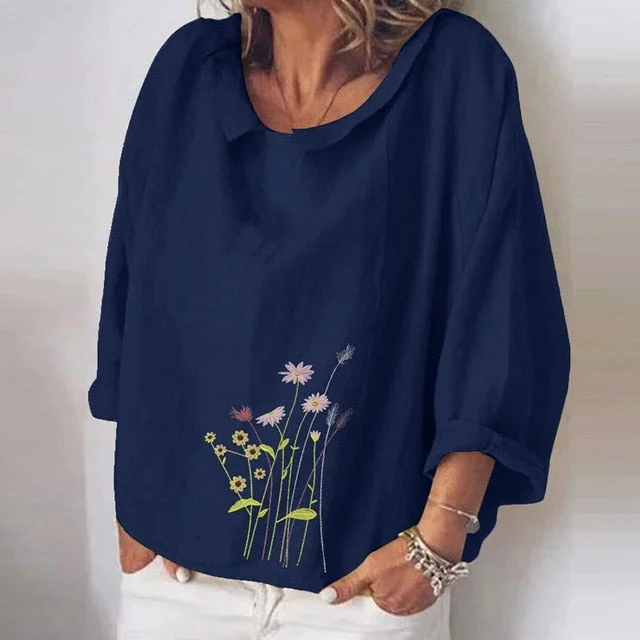 Cotton Linen Women Blouses Summer Long Sleeve Florals Animal Print Blouse Shirts Turn-down Collar Loose Female Blusa Tosp 5XL