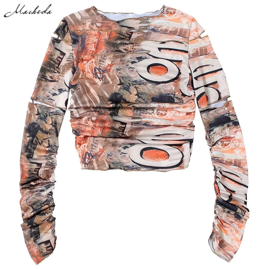 Macheda Fashion Print Autumn Casual T shirt Women Slim Long Sleeve O Neck Clothing Solid Streetwear Lady Crop Top 2020 New