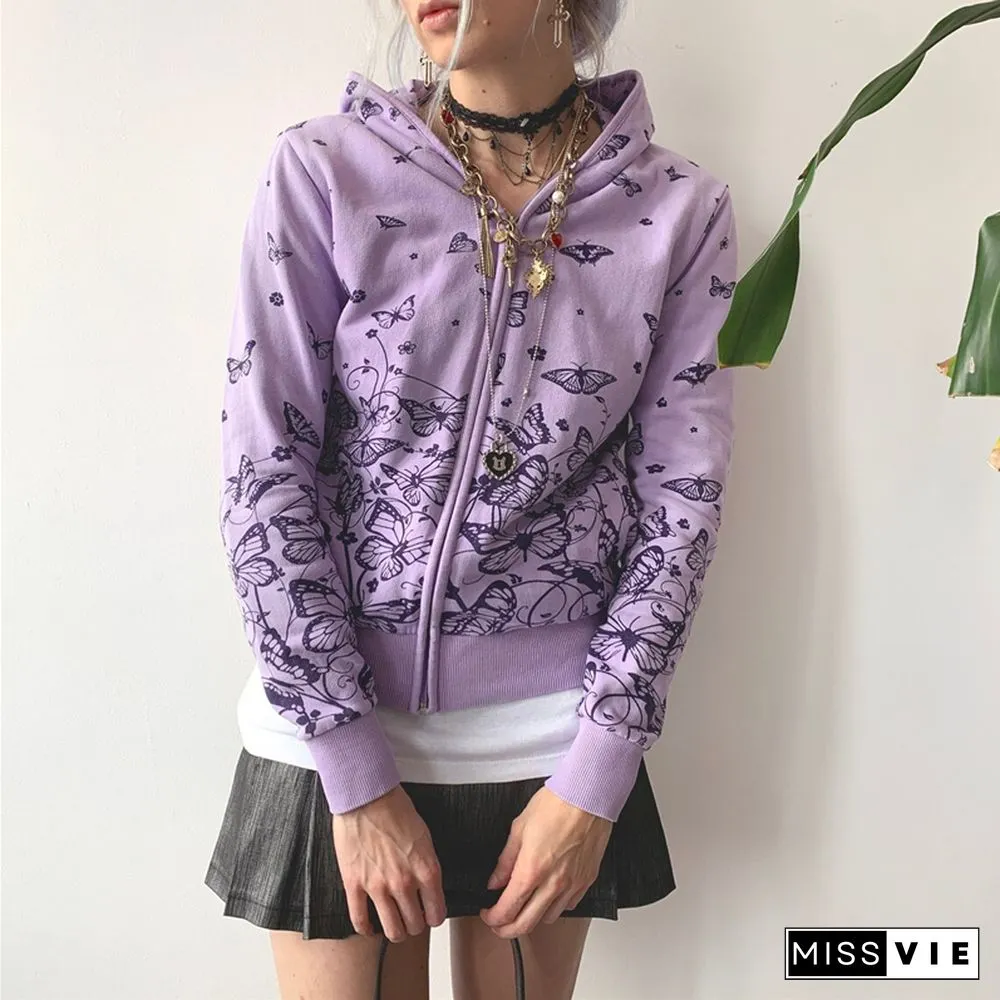 Butterfly Coat-Aesthetic Fairycore Grunge Long Sleeve Crop Tops Y2k Women Hooded Jacket