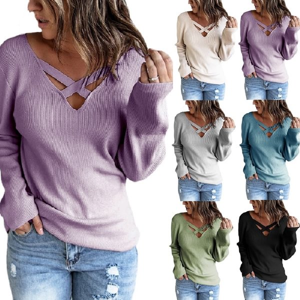 Women Autumn Winter Pullovers and Sweaters Long Sleeve Cross Bandage V-neck Knitted Sweater Tops - Shop Trendy Women's Fashion | TeeYours