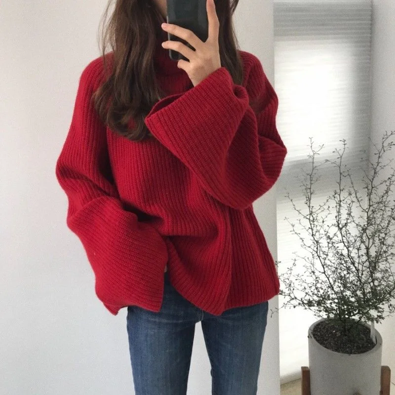 Turtleneck Sweater Thickening Solid Knitted Winter Women Flare Sleeve Harajuku Fashion Leisure Outwear Red Loose Simple Chic Ins