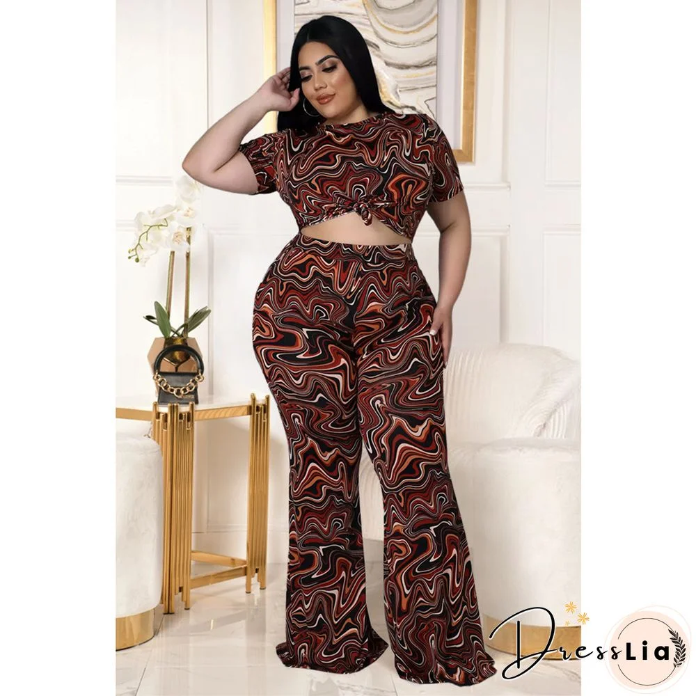 Plus Size Print Short Sleeve Crop Top Flared Pants Suit