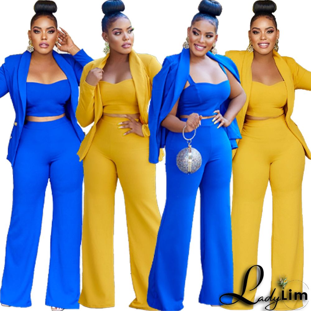 Women's Solid Long Sleeve Blazer And Pants Three-Piece Suits