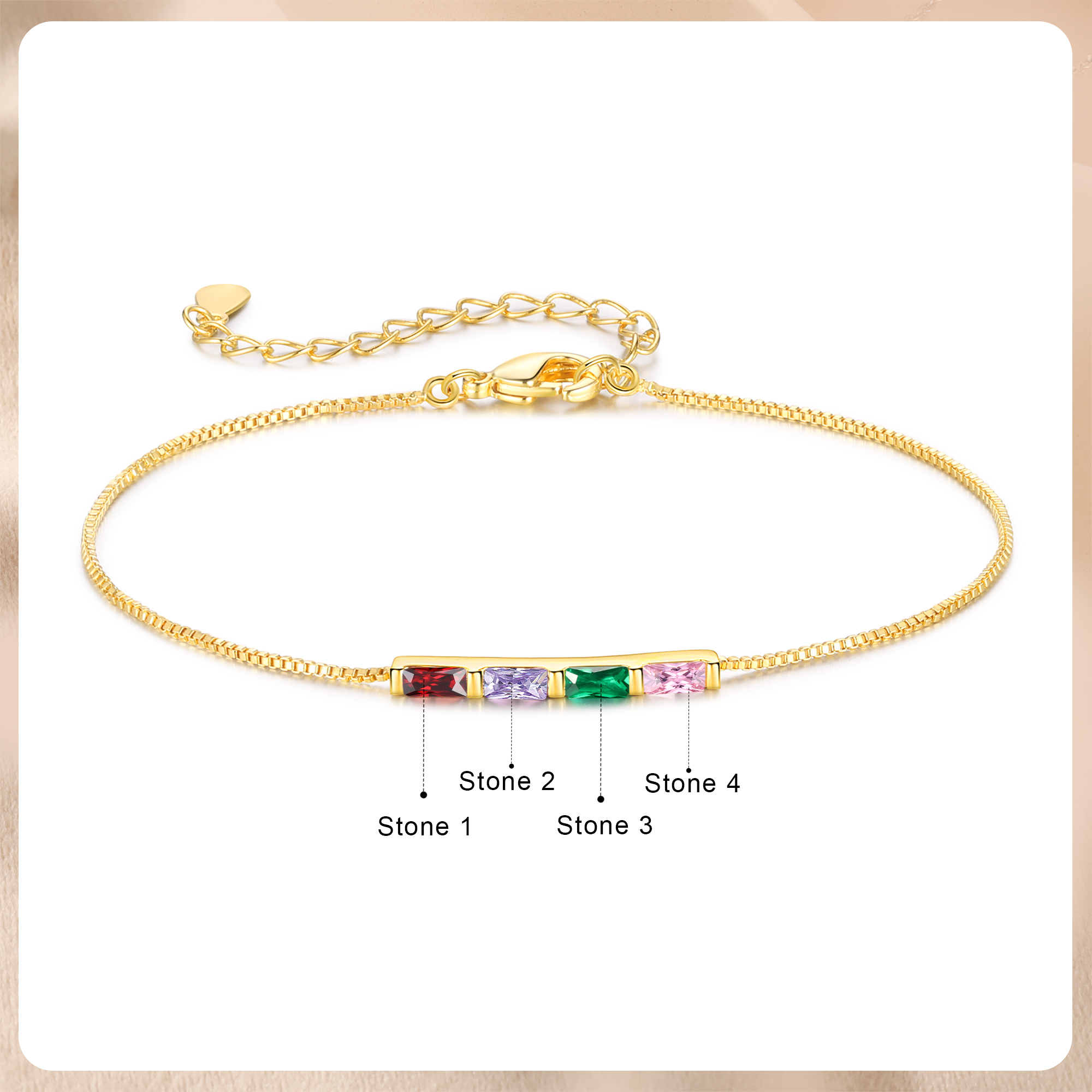 Custom 4 Birthstones Bracelet Gold Adjustable Bracelet Personalised Birthday Gift for Her-Jessemade AU