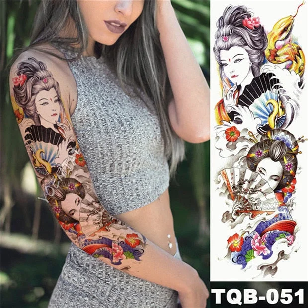 Large Arm Sleeve Tattoo Japanese Geisha Snake Waterproof Temporary Tatto Sticker Lotus Peacock Girl Tatoo Body Art Women