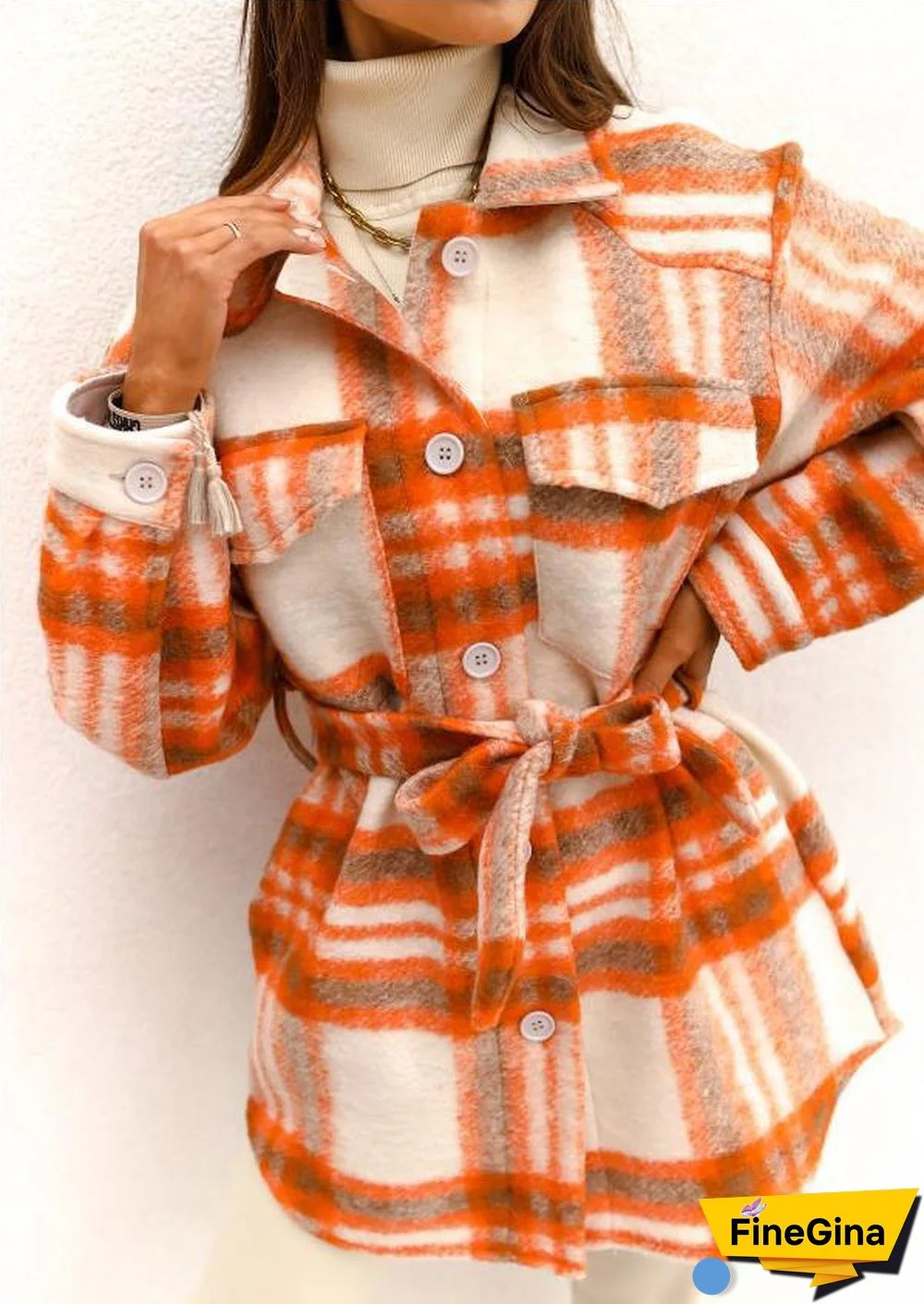 Turn Down Collar Plaid Thick Tie Front Shacket