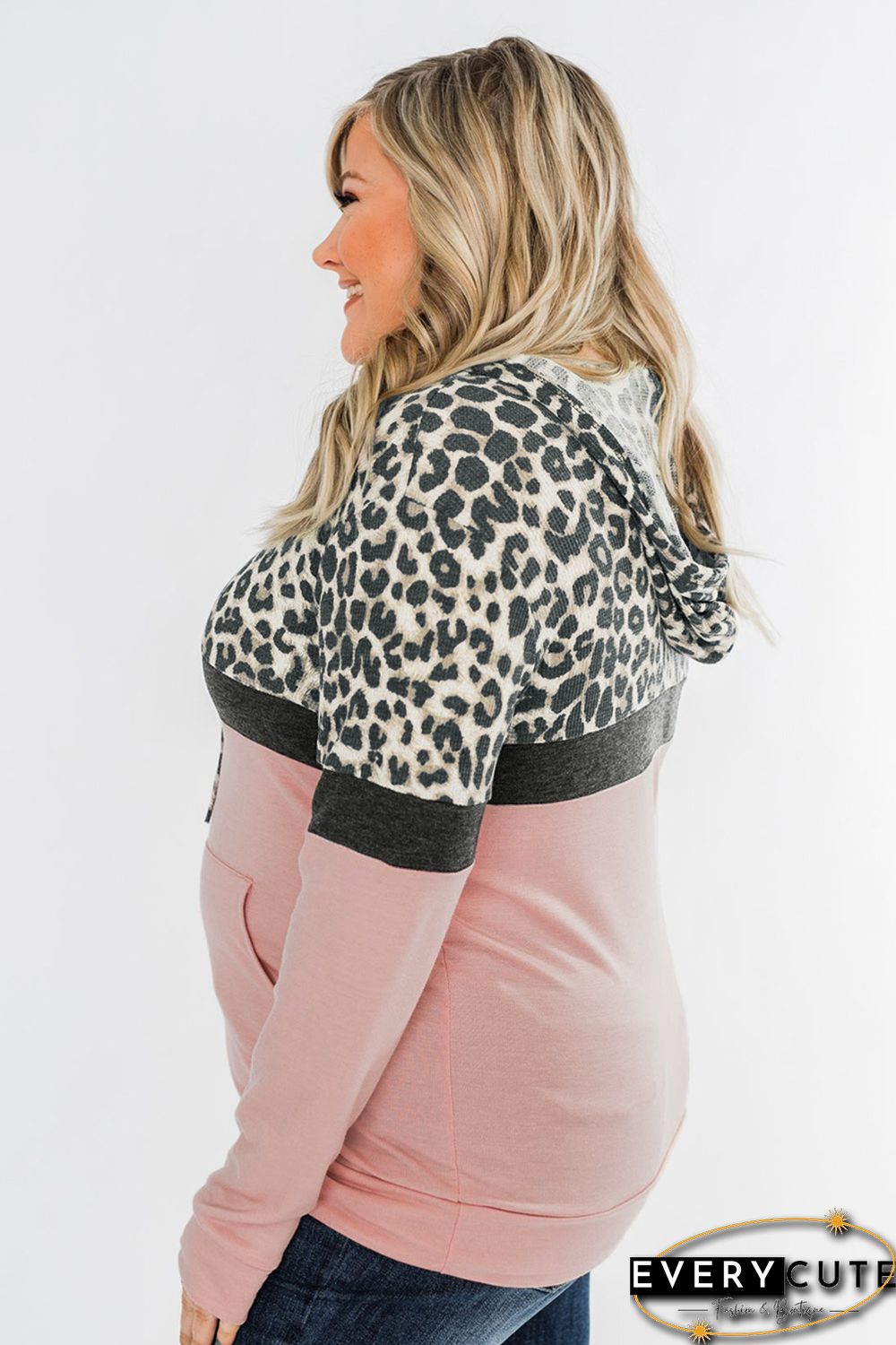 Pink Leopard Patchwork Drawstring Plus Size Hoodie With Pocket