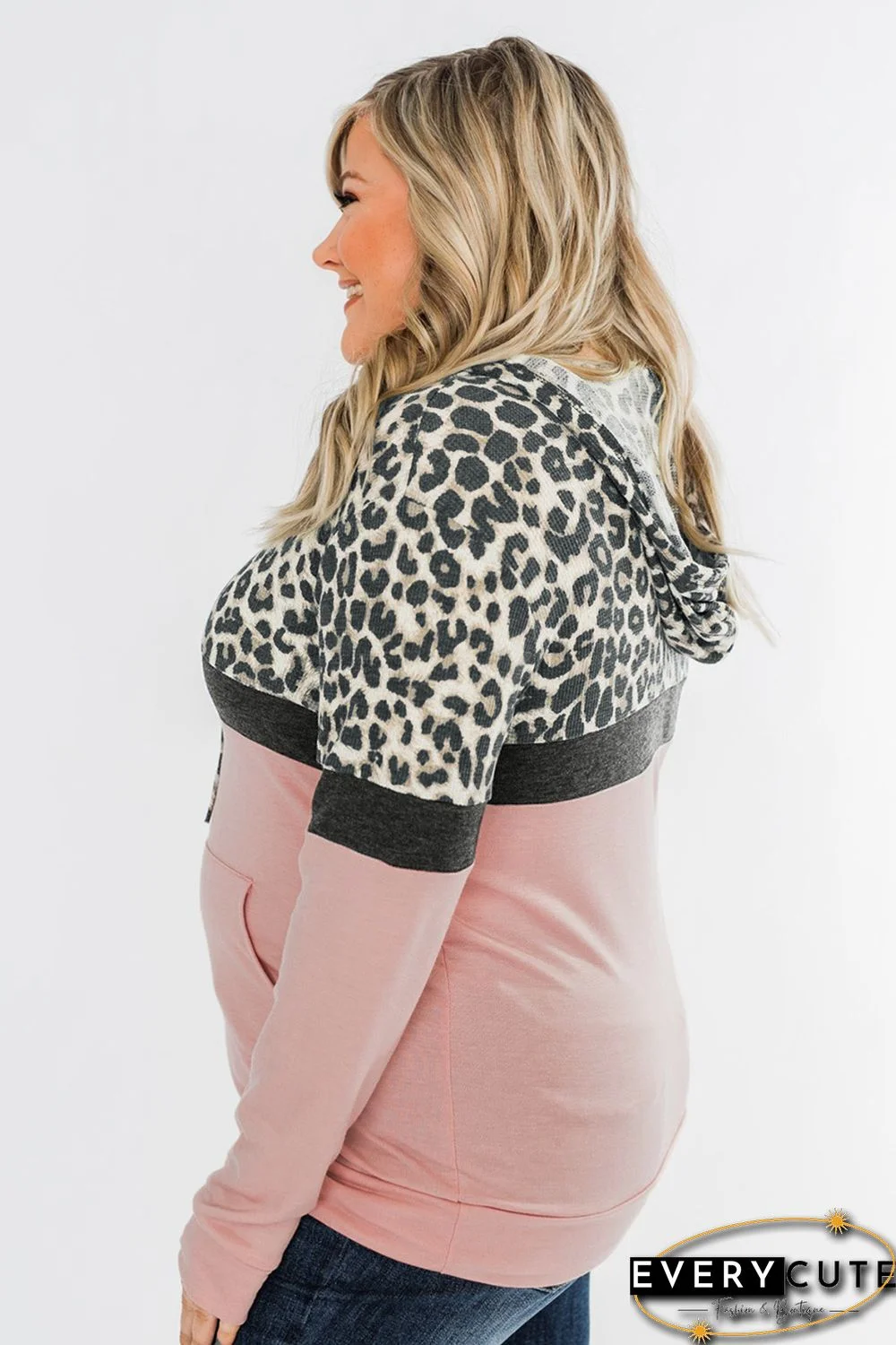 Pink Leopard Patchwork Drawstring Plus Size Hoodie With Pocket