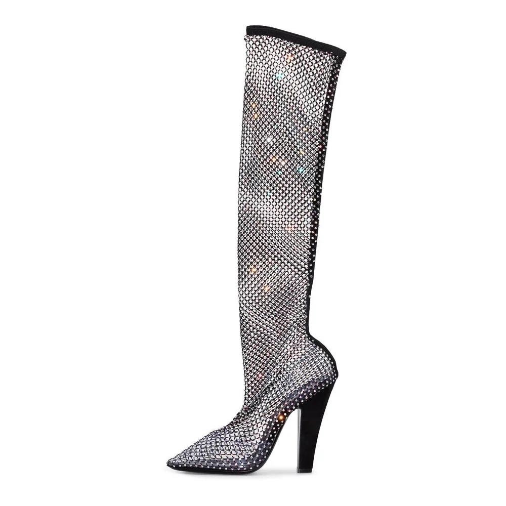 Black Mesh Pointy Toe Heeled Over The Knee Boots with Rhinestone Nicepairs
