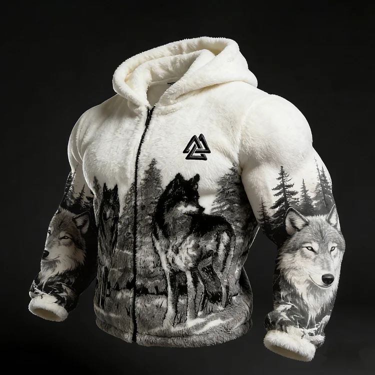 Men's Casual Viking Valknut Wolf With Landscape Art Flannel Zip-up  Hoodie