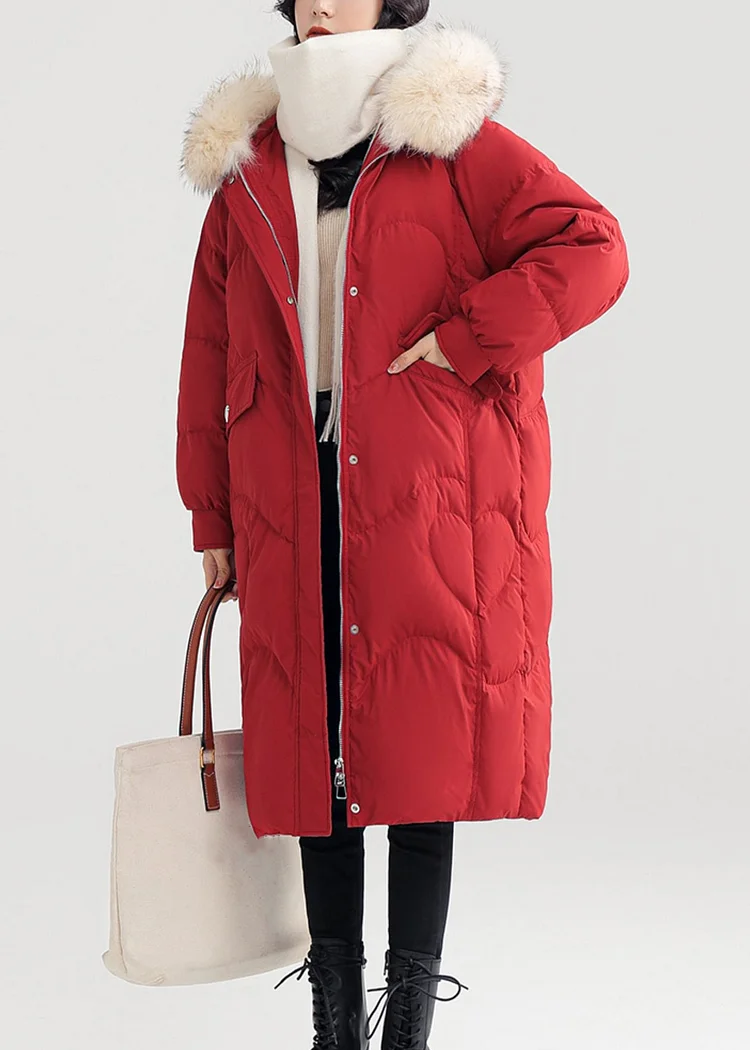 Loose Red Hooded Pockets Patchwork Duck Down Long Coats Winter
