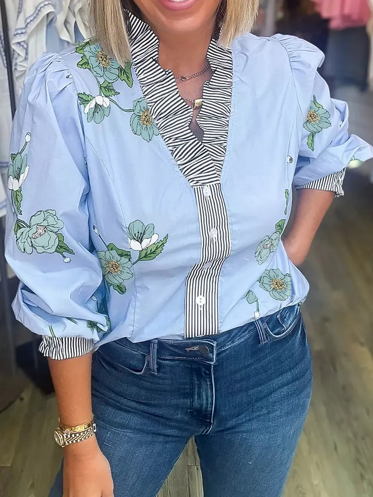Floral Print Contrast Striped Trim Ruffled V Neck Fall Blouse