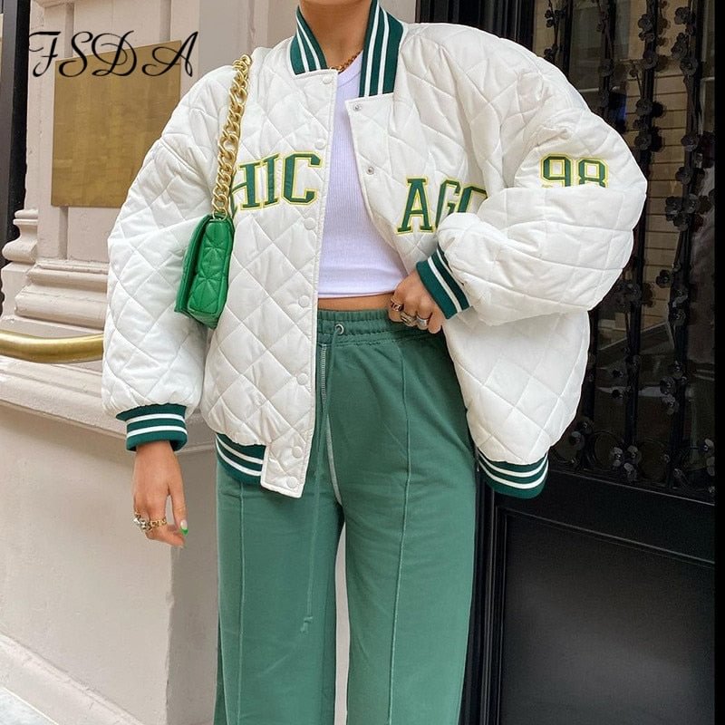 FSDA 2021 Autumn Winter Patchwork Jacket Varsity Women Casual Oversized Green Print Fashion Baseball Bomber Coat