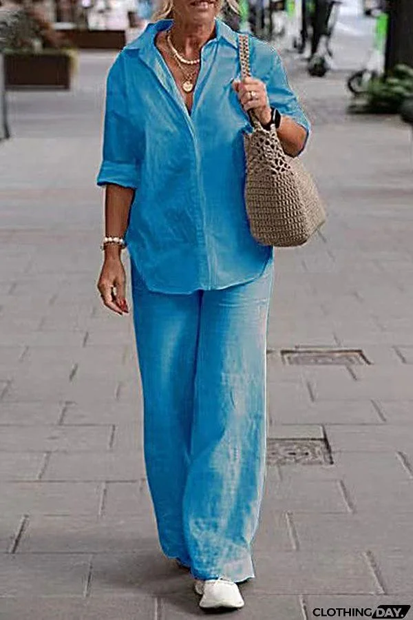 Two Piece Set Lapel Long-Sleeved Shirt Casual Solid Color Wide-Leg Pants Suit