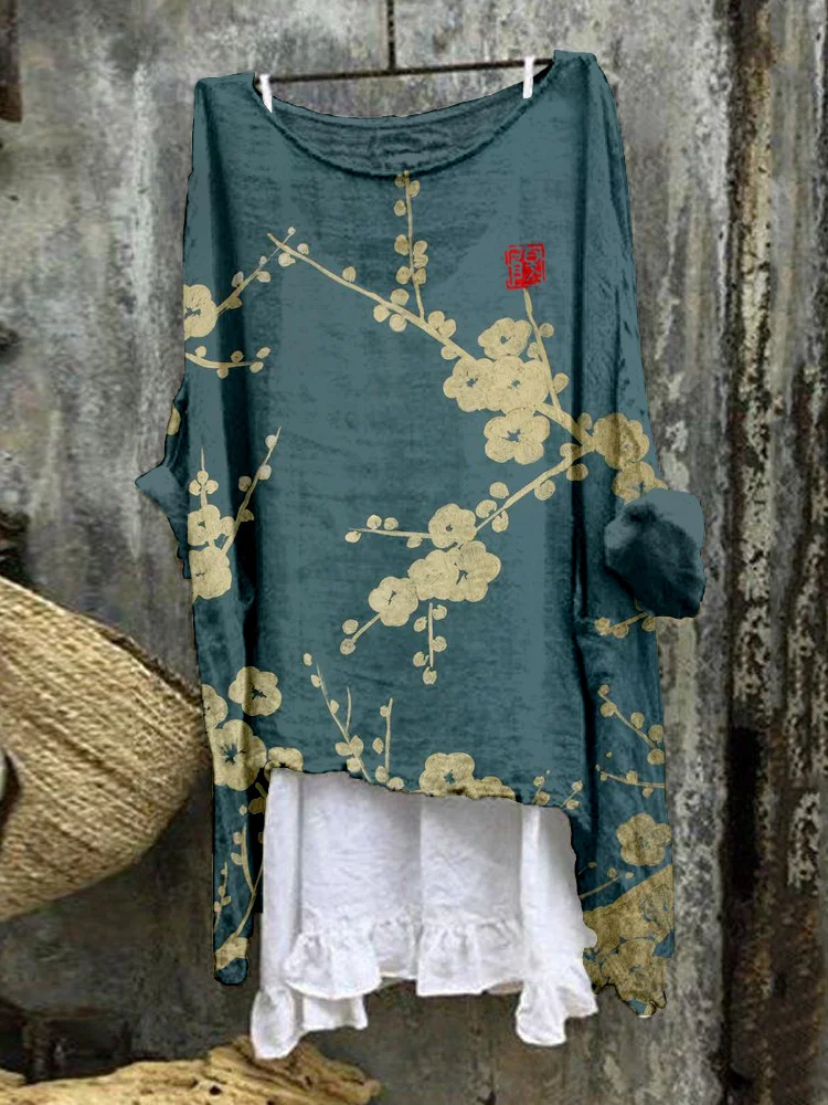 Comstylish Japanese Plum Blossom Art Linen Blend Flowy Tunic