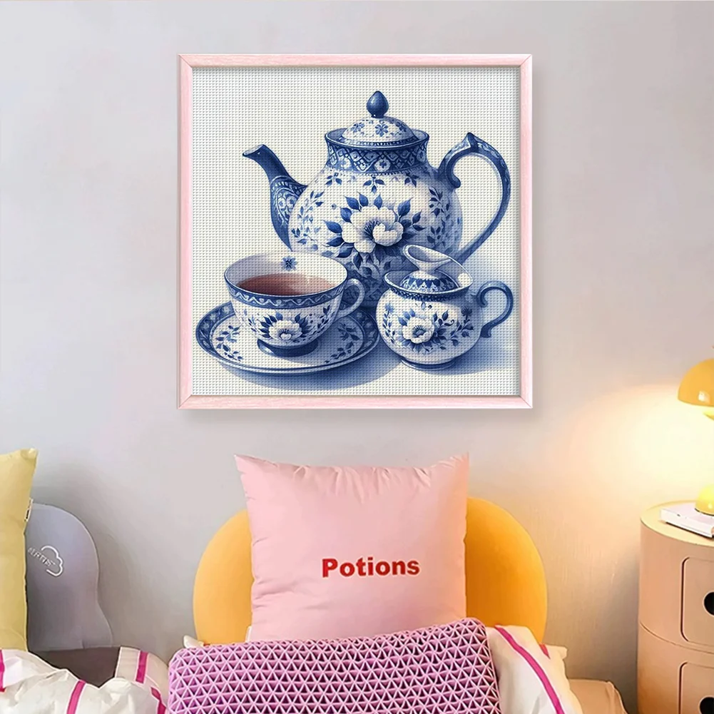 11CT Full Stamped Cross Stitch - Blue and white porcelain Porcelain Teapot(Canvas|40*40CM)