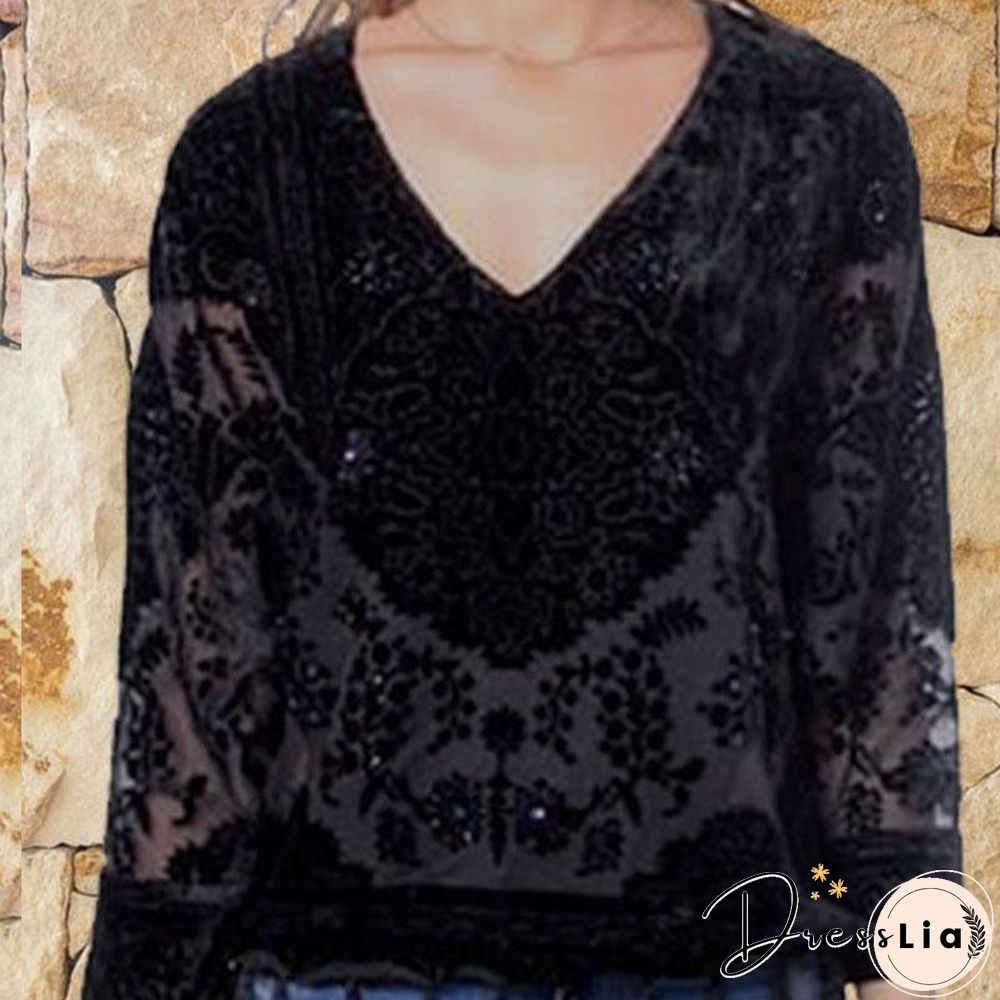V Neck Loose Fringe Embroidery Shirt