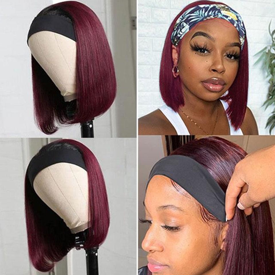 Black Roots Burgundy Straight Bob Headband Wig With Colorful Headbands