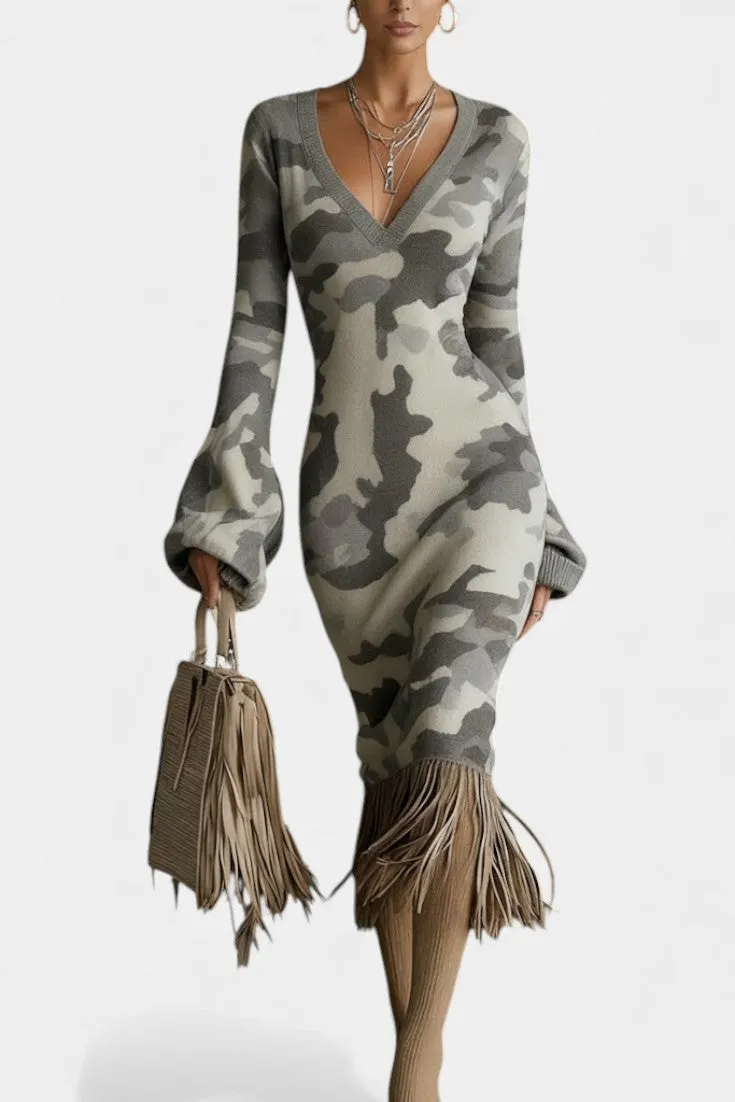 Camo V-Neck Midi Dress with Flared Sleeves & Fringe