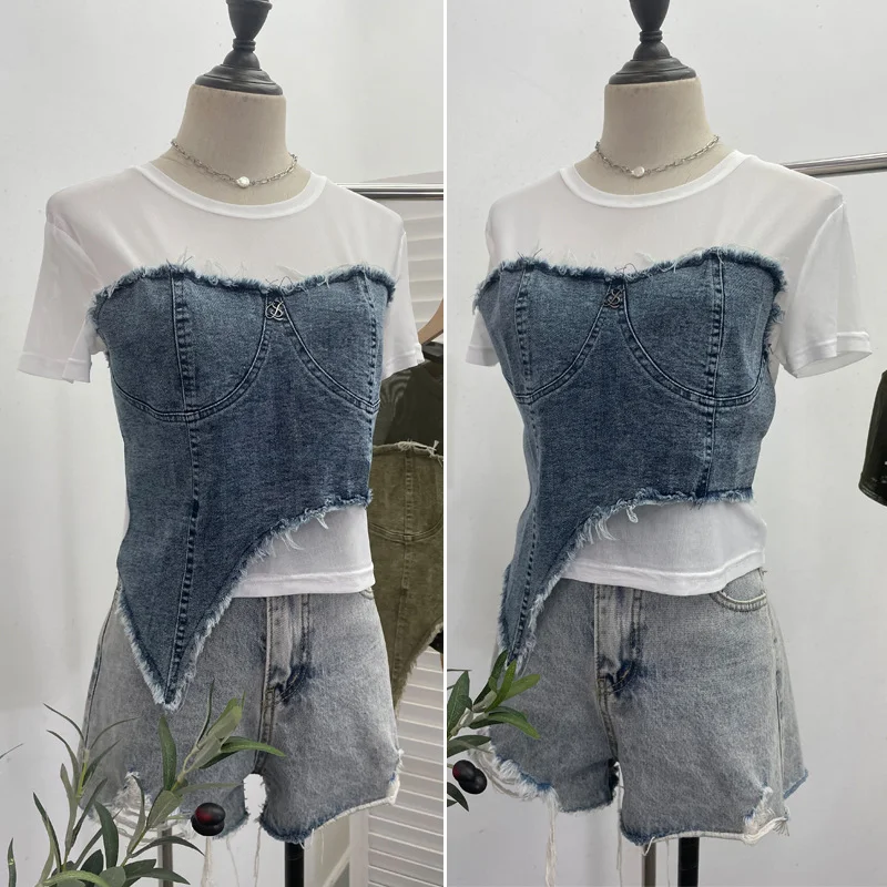 Uveng Solid Shooting Denim Splicing Mesh Yarn Short-Sleeved T-Shirt Summer Dress Irregularly Short High-Waist Repair Body Coat 26171