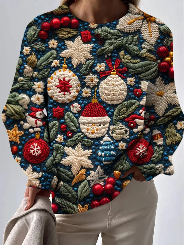 Women's Christmas Hanging Ornaments Knitting Art Print Knit Sweatshirt