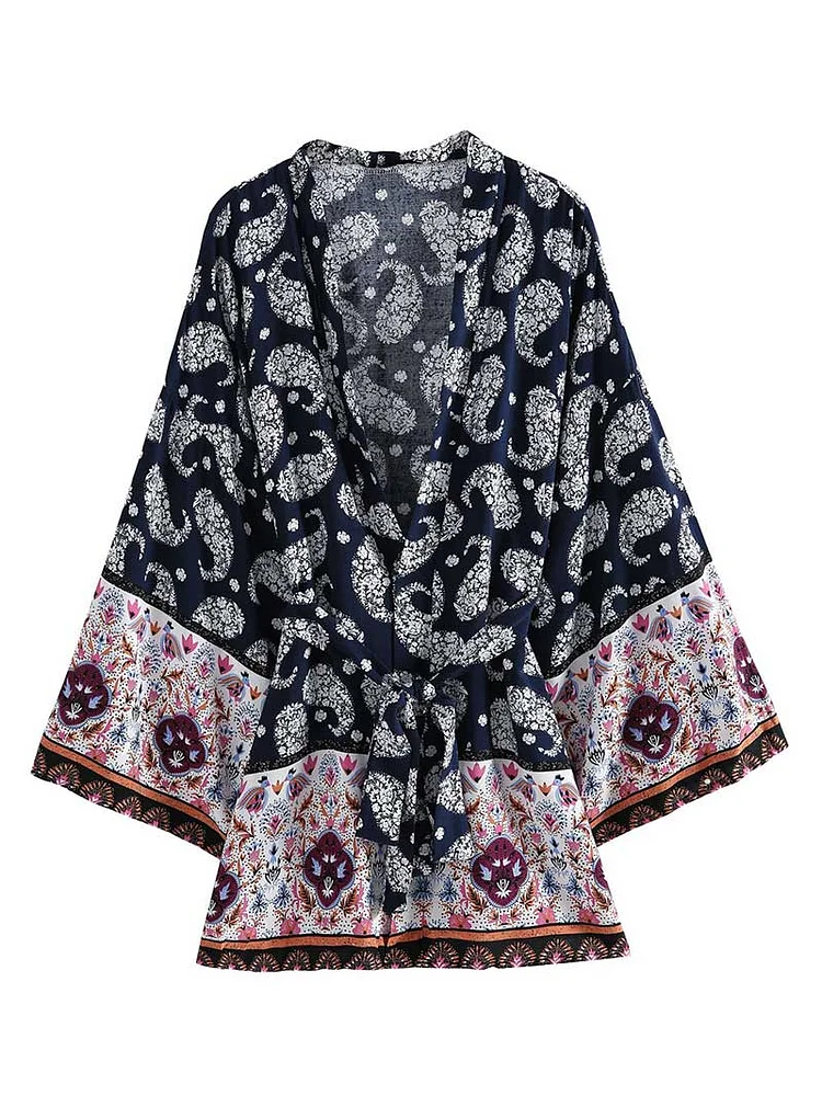 Vintage Black Paisley Contrast Color  Printed Long Sleeve Short Kimono Gown With Robe