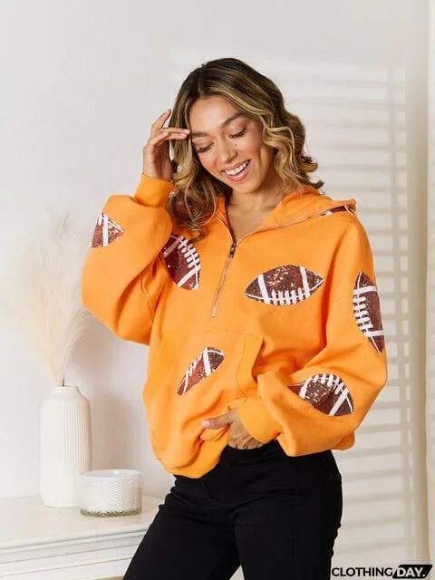 Sequin Football Patch Hal-Zip Hoodie