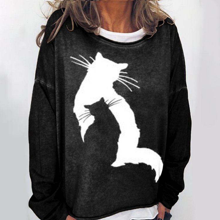 Light and Shadow Cat Print Long Sleeve Sweatshirt