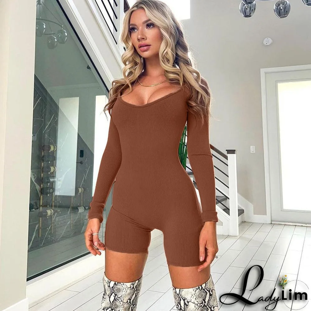 Women Solid Rib U-Neck Long Sleeve Jumpsuit