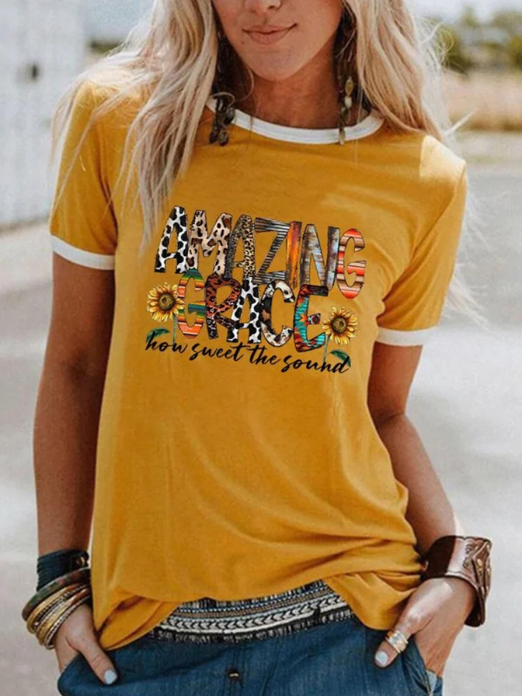 Amazing Grace Sunflower Print Casual T Shirt