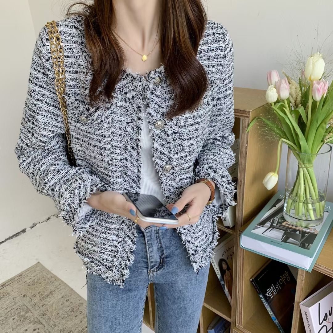 SMTHMA New Fashion Spring Autumn Tweed Jackets Women Single Breasted Elegant Office Lady Woolen Coats Casual Vintage Outwear