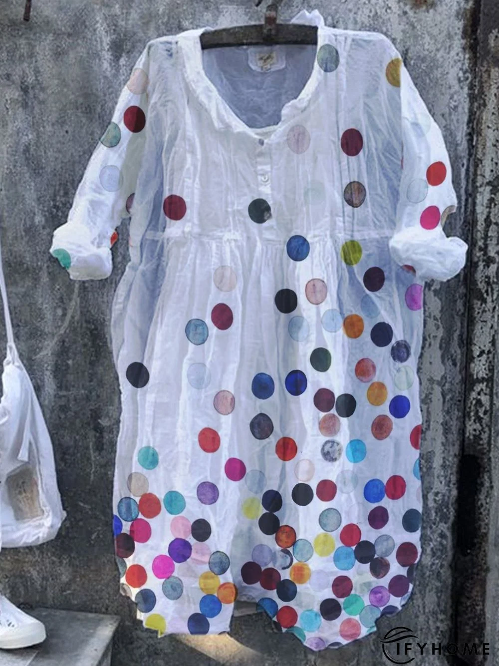 A-Line Cotton-Blend Polka Dots Casual Weaving Dress | IFYHOME