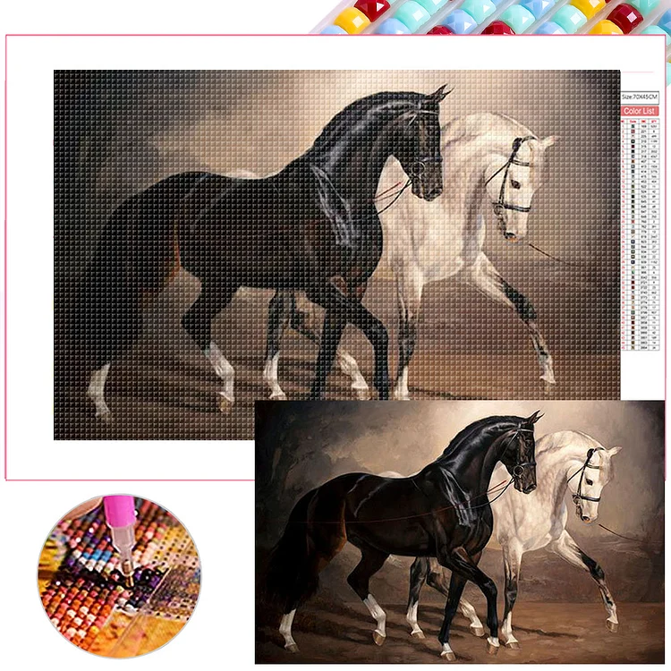 Full Square Diamond Painting - Black Horse White Horse 70*45CM