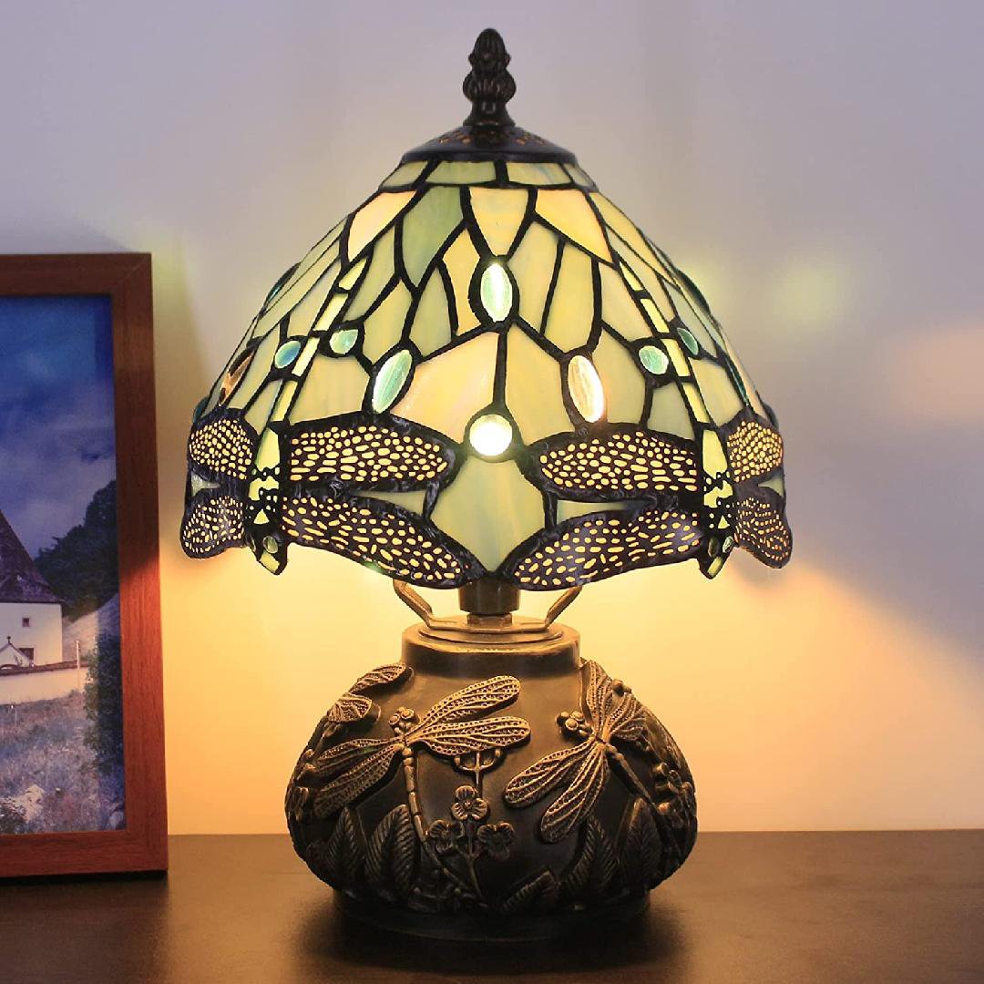 Tiffany Small Table Lamp With 8" Baroque Style Glass Shade, 11" Tall Unique Rustic Bronze Mushroom Type Night Light, Mini Luxury Farmhouse Bedside Desk Lamp For Living Room Bedroom