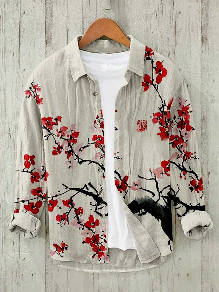 Wearshes Japanese Cherry Blossom Art Linen Blend Blouse