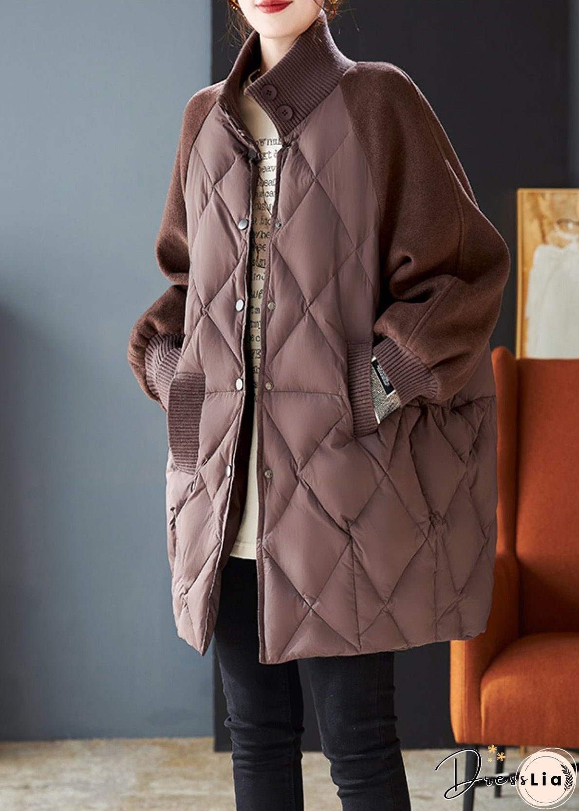 Stylish Brown Oversized Patchwork Woolen Fine Cotton Filled Jackets Winter