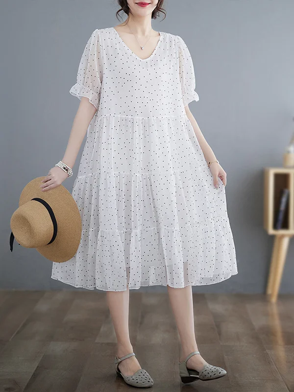 Loose Polka Dot Short Sleeve Midi Dress - yankia