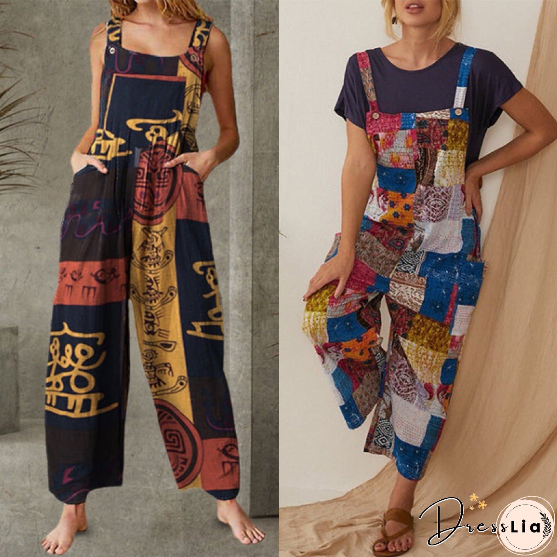 Women's Clothing Bohemian Character Print Suspenders Jumpsuit