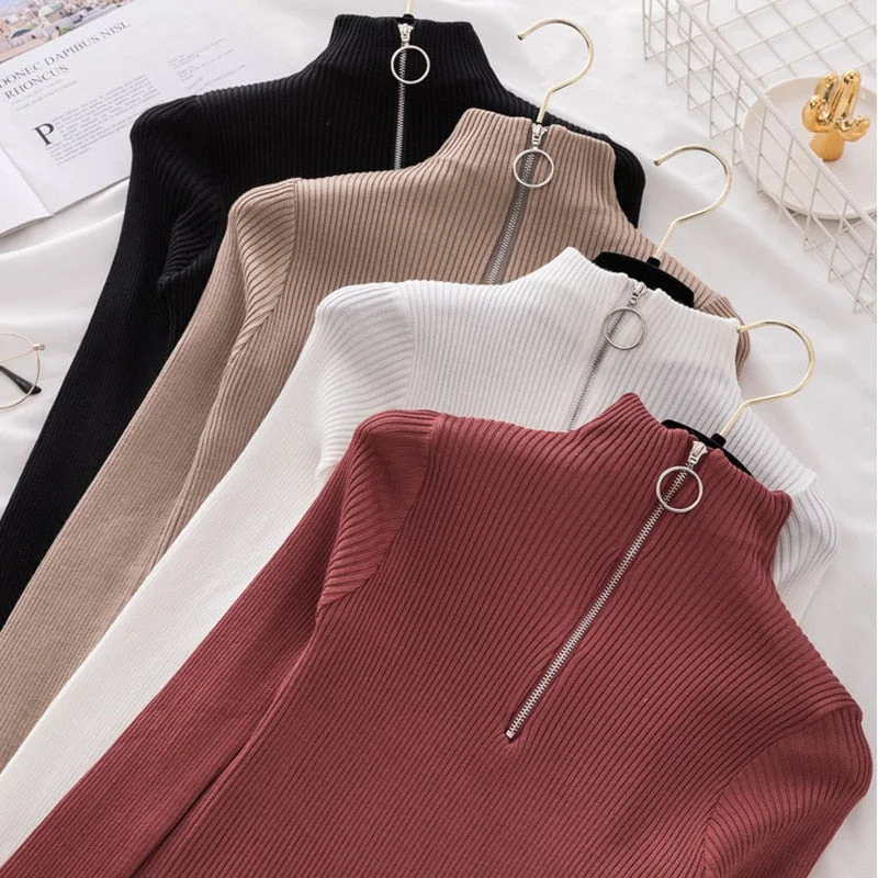 Women Office Lady Front Zipper Slim Knitted Sweater Long Sleeve Stand Collar Solid Casual Pullover 2021 Autumn Winter New Tops