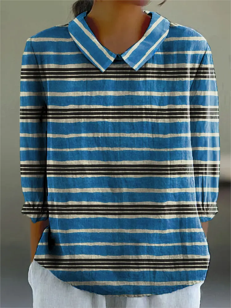 Women's Vintage Colorblock Striped Art Print Casual Cotton And Linen 3/4 Sleeve Shirt