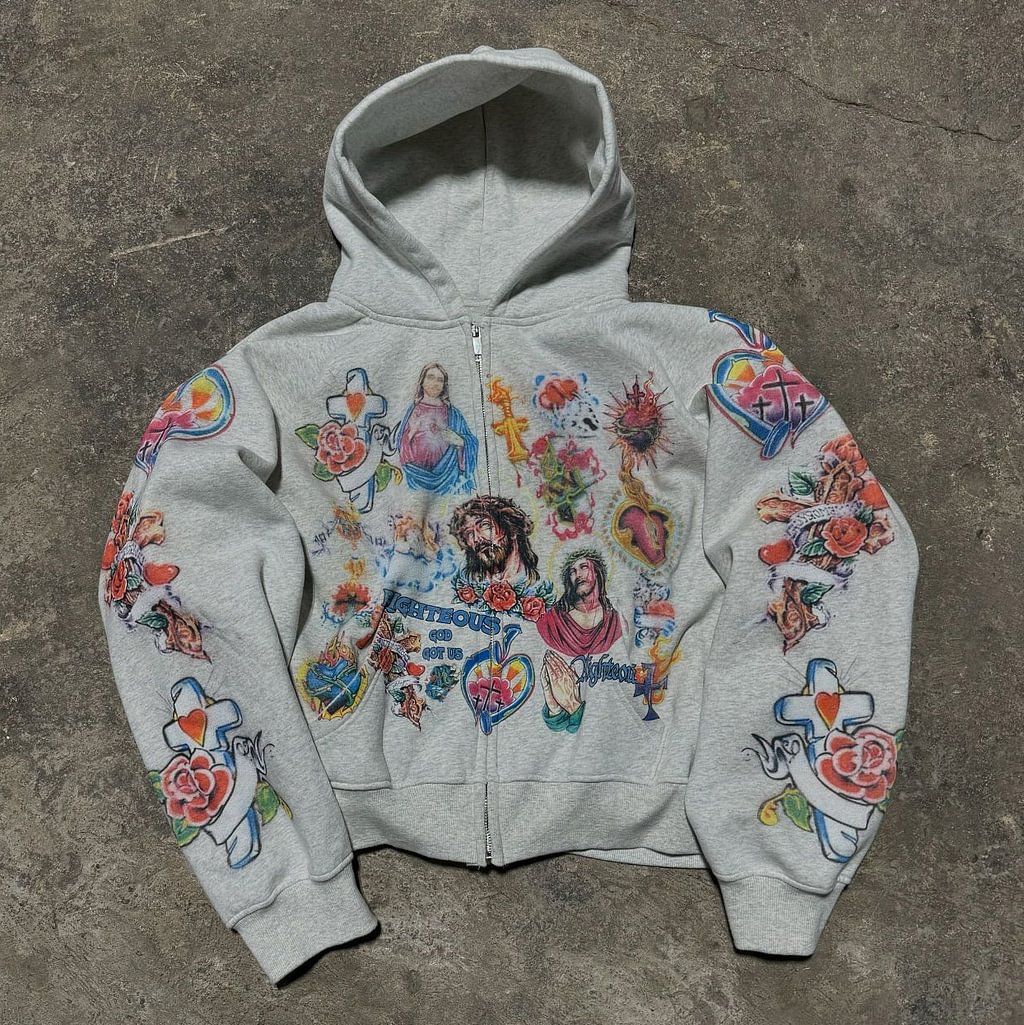 Vintage Risen King Graphic Acid Washed Oversized Zip-up Hoodie
