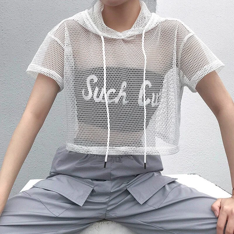 Short Sleeve T Shirt Women Mesh Top Hooded Hollow Out Sexy Punk Rock Short Crop Top White T-Shirt Fishnet Black