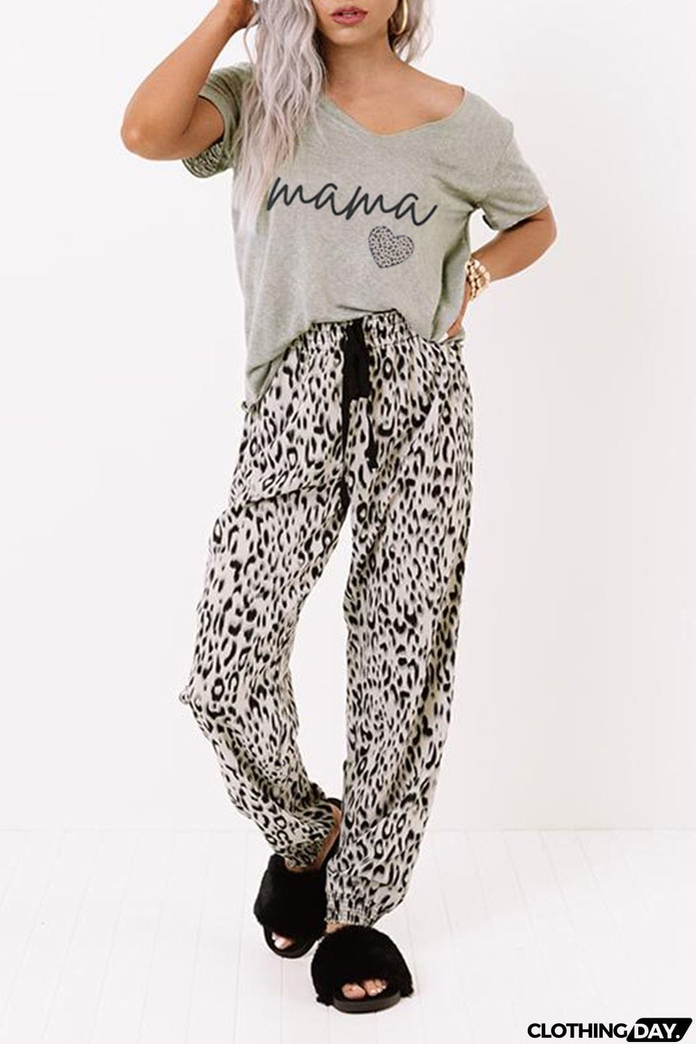 Print V Neck Elastic Waist Loose Lounge Set