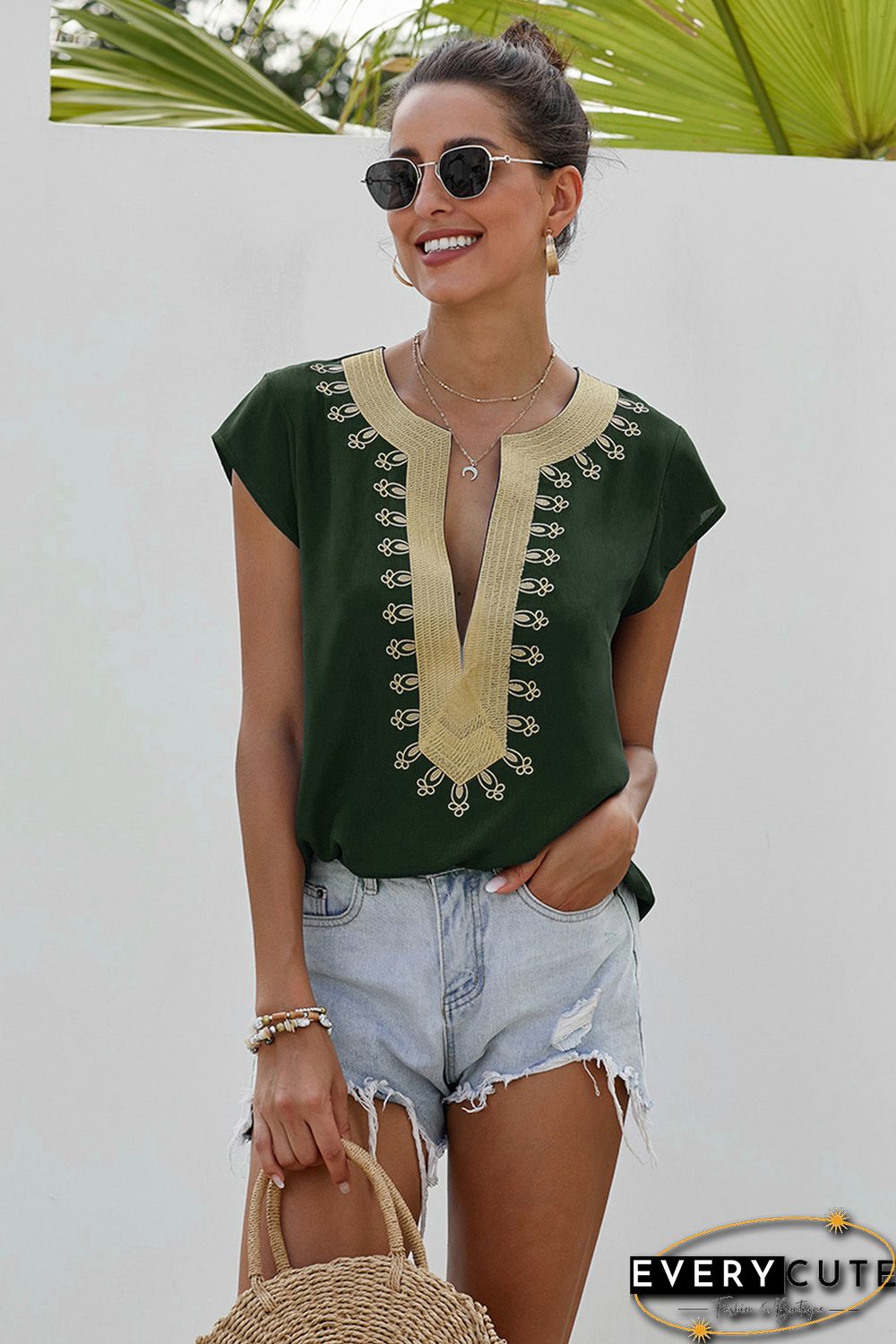 Green Short Sleeve Printed Neck Shift Blouse