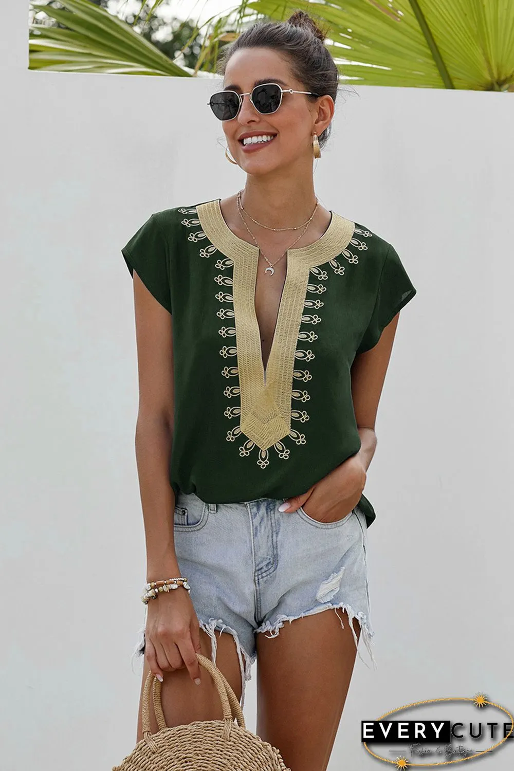 Green Short Sleeve Printed Neck Shift Blouse
