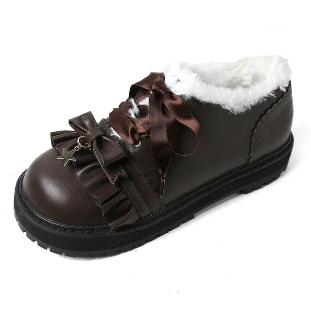Brown/Black/White Japanese Sweet Ruffled Star Plus Velvet Winter Warm Kawaii Shoes SP17653