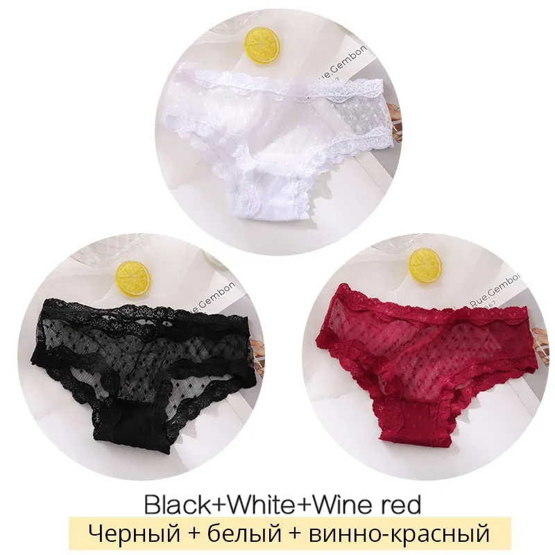 FINETOO Sexy Lace Thongs Women 3Pcs/set Transparent G-string Panties Dots Lace T-back Underwear Fashion Female Underpants M-XL