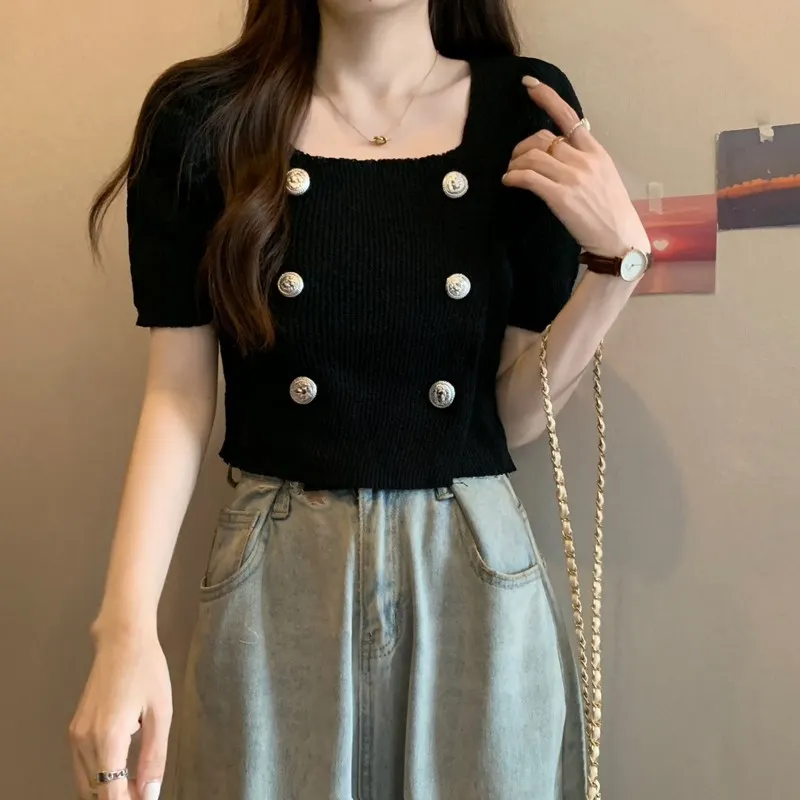 Uveng Uveng New French Gentle Style Design Double Buckle Bubble Sleeve T-Shirt Knitted Short Top
