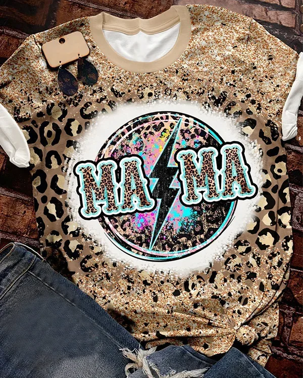Mama Lightning Bolt Leopard Bleached Print Short Sleeve T-shirt