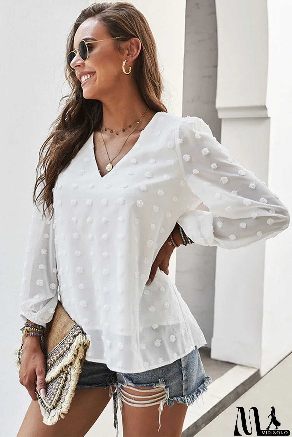 MidiSono - Swiss Dot Bubble Sleeve Blouse